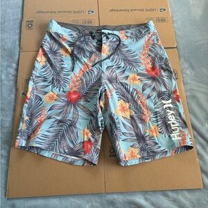 Hurley Mens Swim Board Shorts 20 Length Size 32 Blue Floral Hawaiian Surf Beach